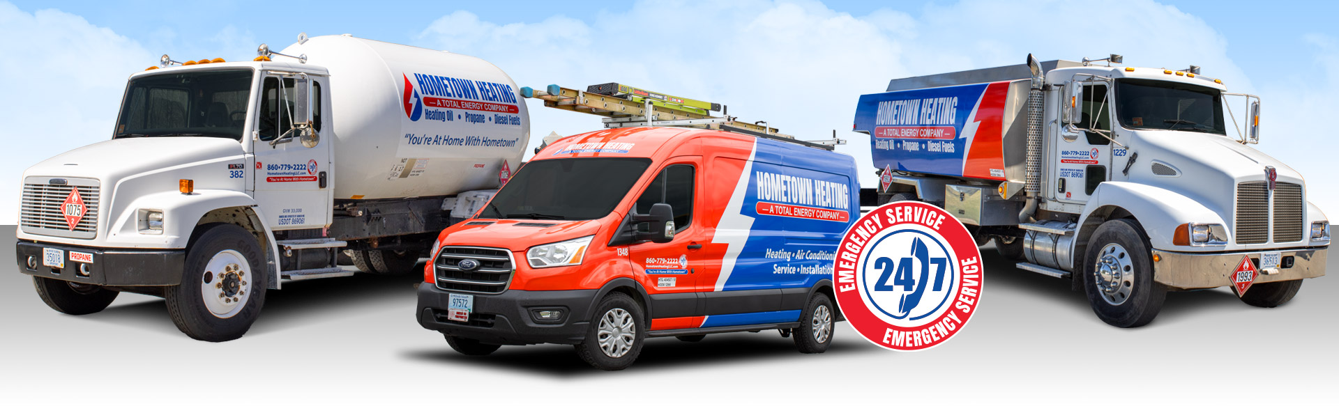 Hometown Heating's fleet of oil delivery trucks, propane delivery trucks and service vehicles